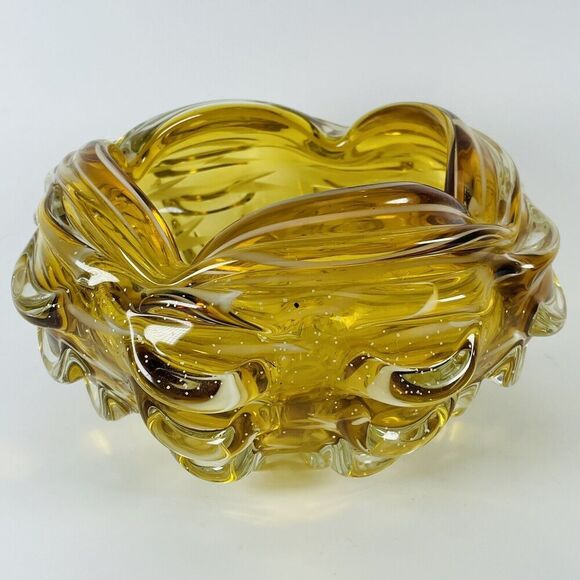 MCM Art Glass Amber Brown Yellow Folded Edges Candy Dish Bowl Heavy 6.5" VTG